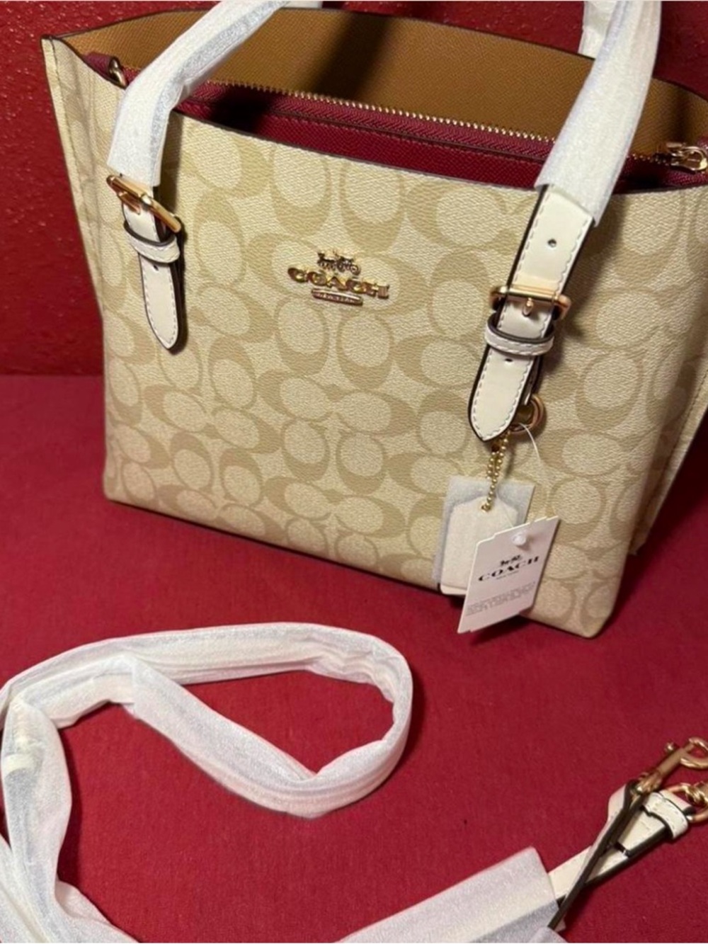 Coach Charcoal Signature Canvas Tote in Beige with Red Interior